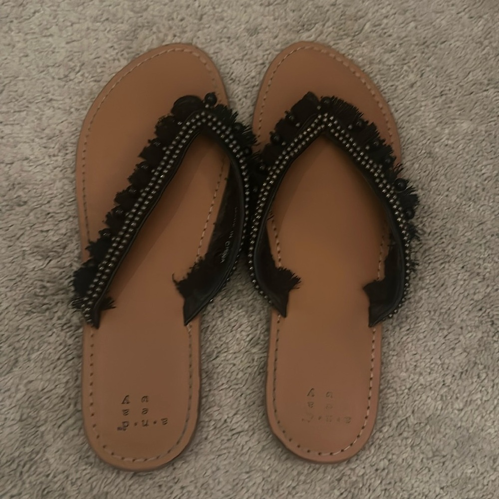 Brown base black beading and fringe sandals